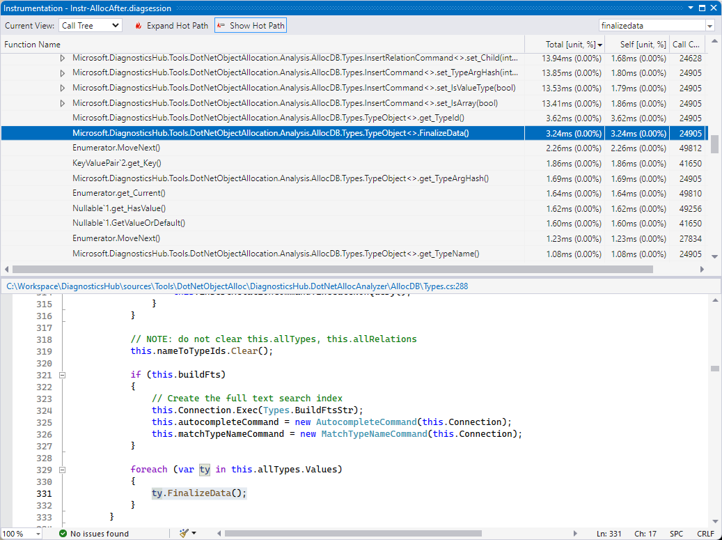 Call tree and source view in Visual Studio instrumentation tool showing improved sort performance