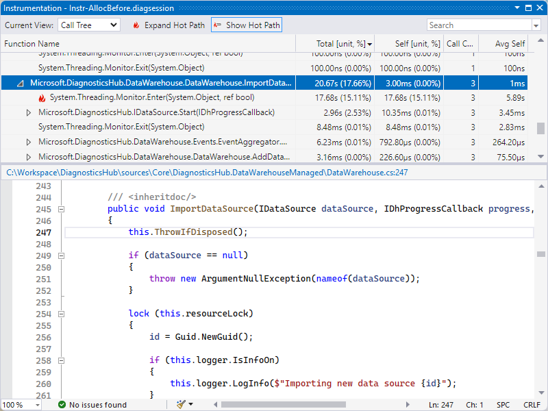 Call tree and source view of Visual Studio Instrumentation tool showing lock contention