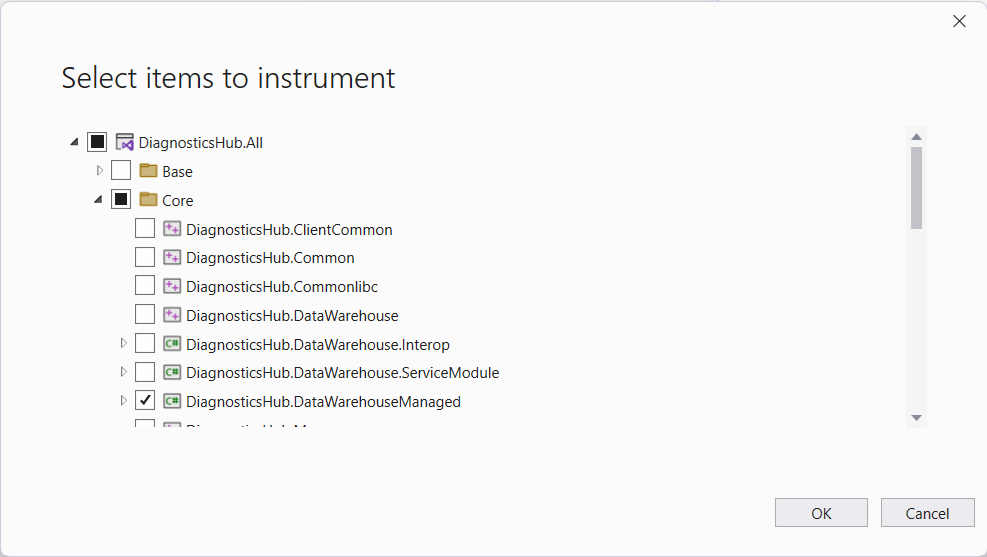 Targeted instrumentation dialog of Visual Studio Instrumentation tool