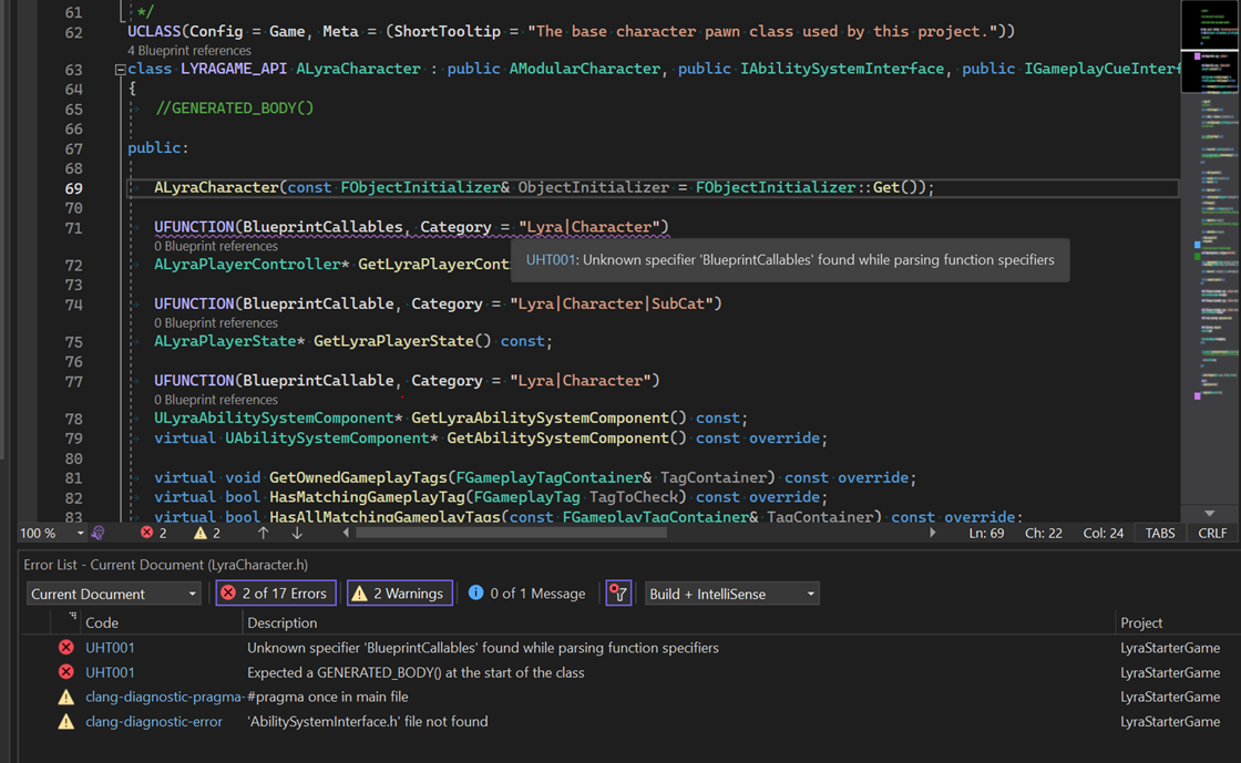 Visual Studio编辑器显示C++代码，并带有来自Unreal Header Tool的附加波形符号