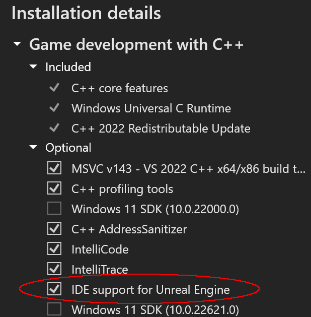 选择了C++并选中了选项“IDE支持虚幻引擎”的游戏开发工作负载的Visual Studio安装程序
