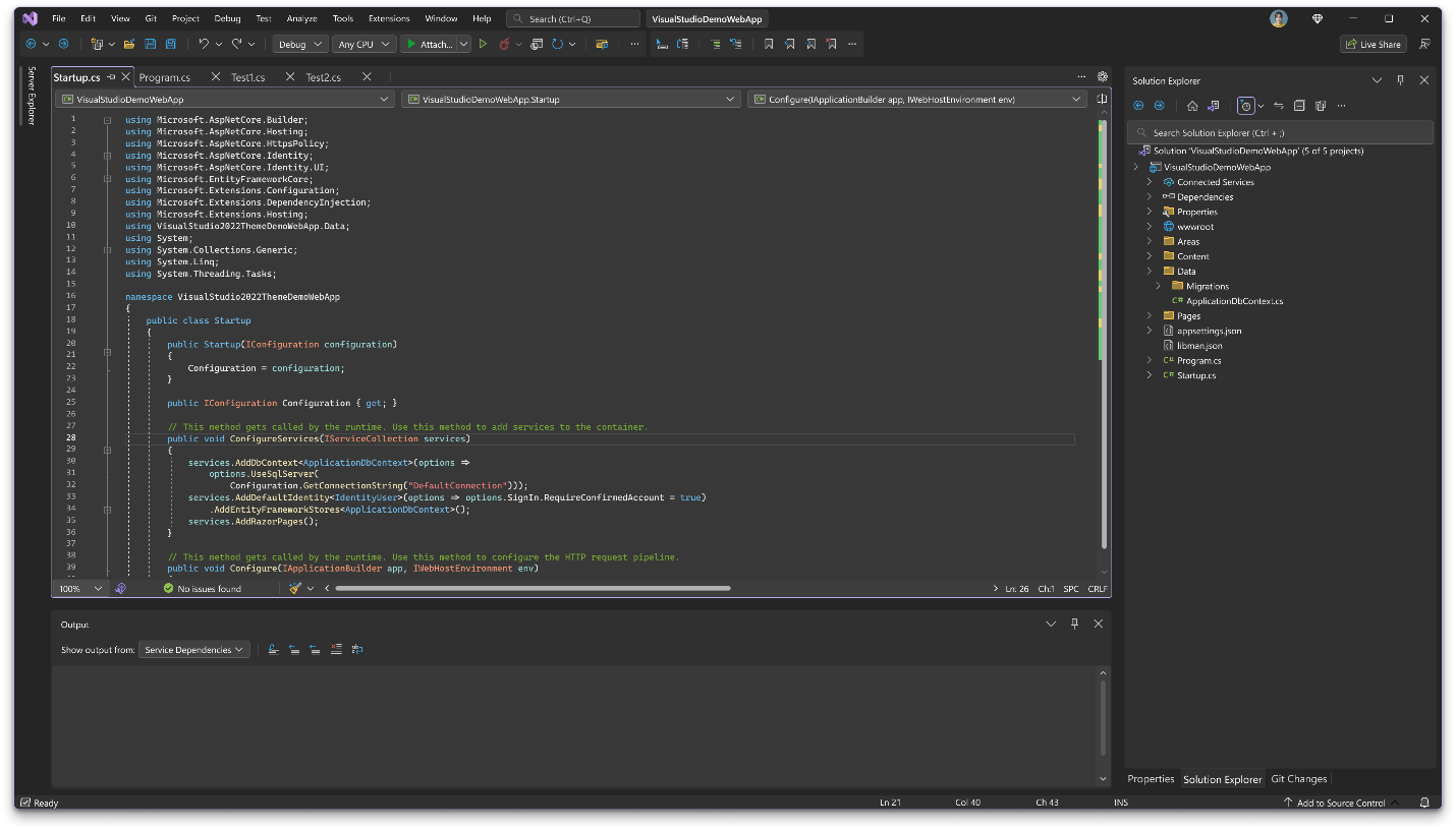A design mockup of the new Visual Studio UI in dark theme