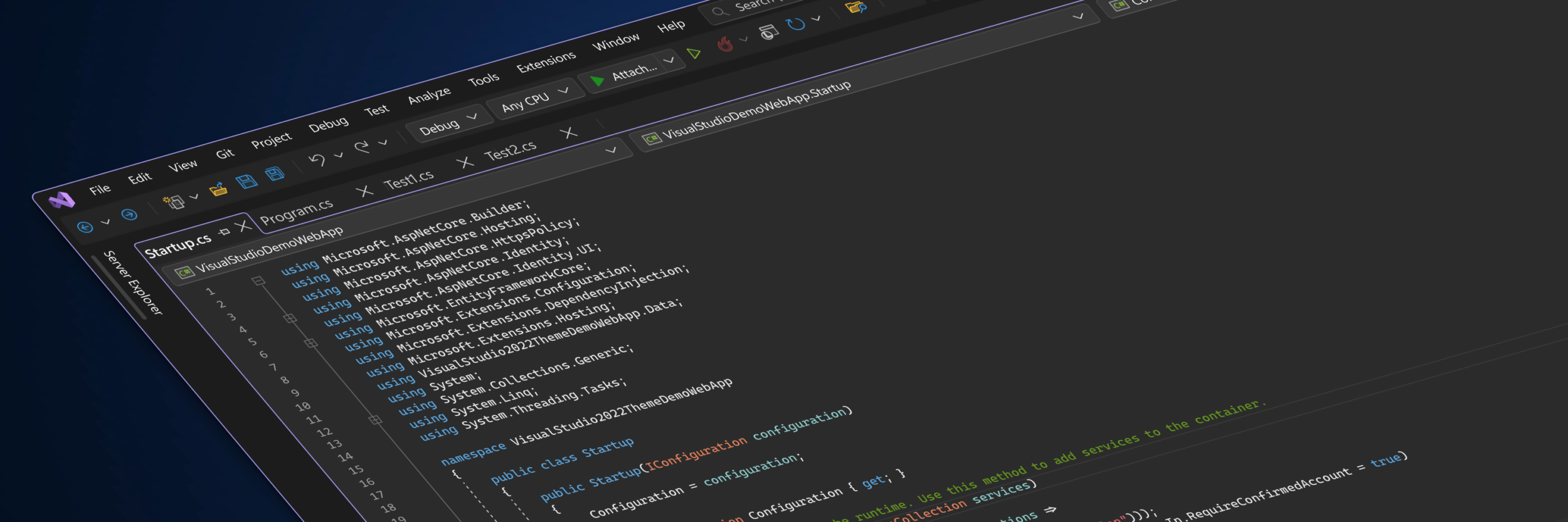 A stylized screenshot showing the new Visual Studio UI in dark theme
