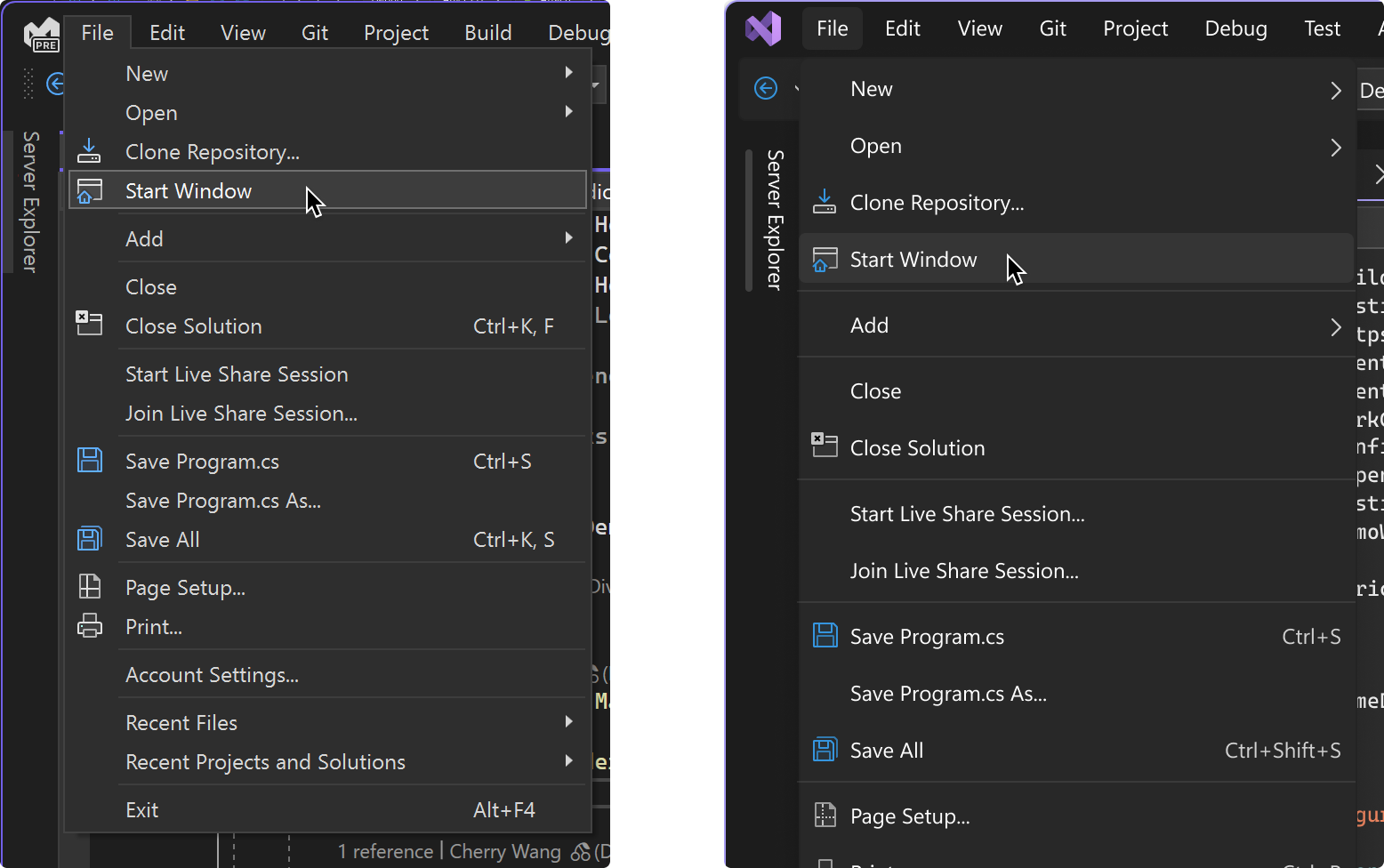 Two images of the File Menu in Visual Studio in the dark theme. The left image shows a snapshot of Visual Studio today where the right image is a mockup of the menu which has larger spacing and is less crowded.