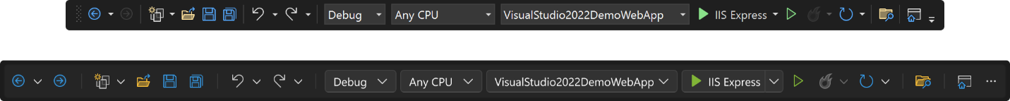 Two images of the main toolbar in Visual Studio in the dark theme. The top image shows a snapshot of Visual Studio today where the bottom image is a mockup of the toolbar which has more spacing and is a bit wider with less crowding.
