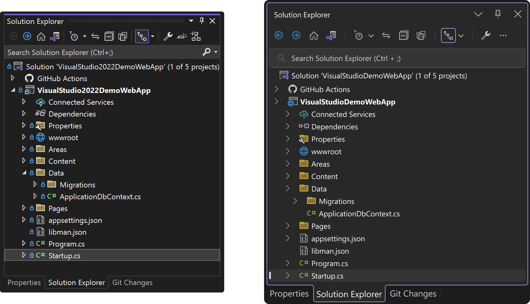 Visual Studio中的解决方案资源管理器的两个图像（黑色主题）。左边的图像显示了今天Visual Studio的快照，右边的图像是解决方案资源管理器的模型，其中包括包含选项卡和整个工具窗口的大纲。