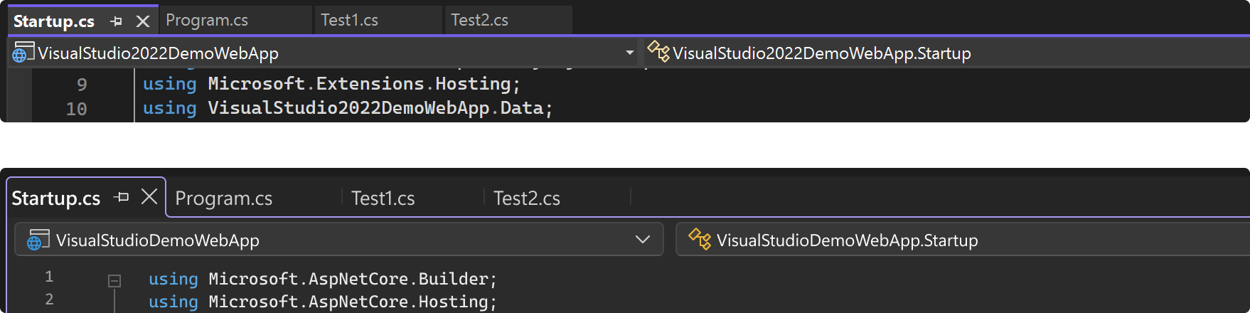 VisualStudio中编辑器窗口顶部的文档选项卡顶部的两个图像，位于深色主题中。上图显示了今天VisualStudio的快照，下图是文档选项卡的模型，其中包含包含选项卡和整个编辑器框架的大纲。