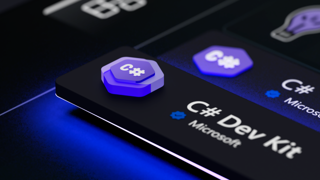Three dimensional rendering of the listing of the C# Dev Kit in the Extension view of Visual Studio Code