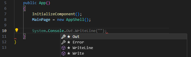 A dropdown in a C# text editor showing intelligent autocomplete suggestions from IntelliCode