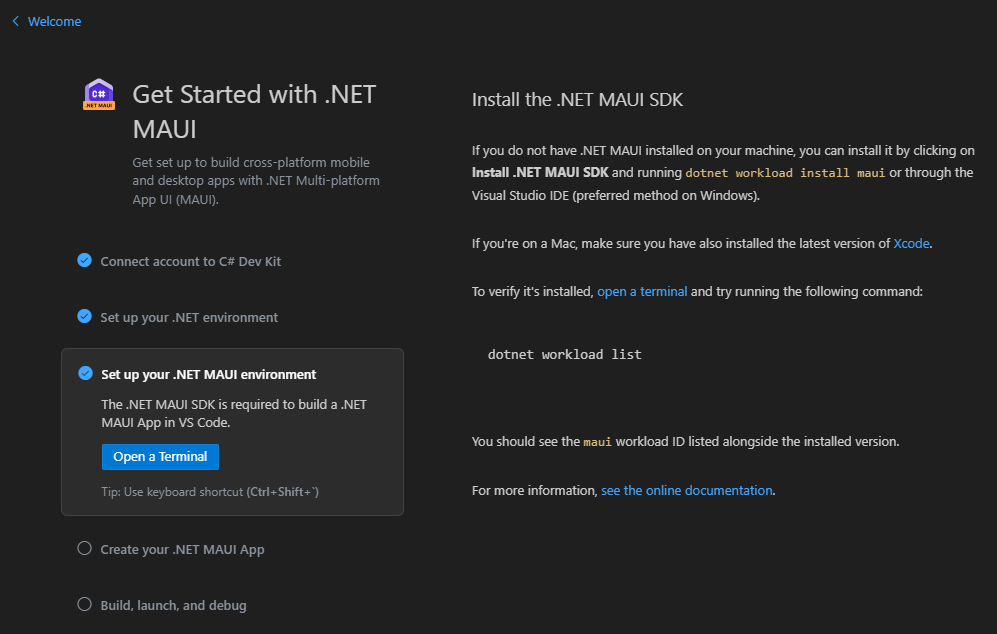 A screenshot of the dot net maui extension walkthrough in visual studio code
