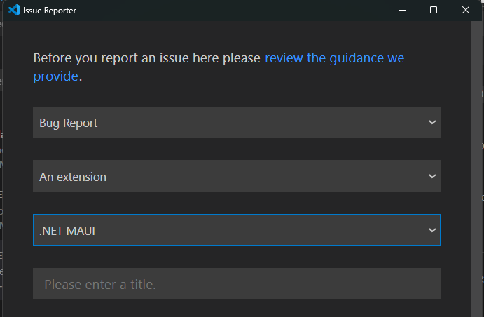 A screenshot of the report issue dialog in visual studio code