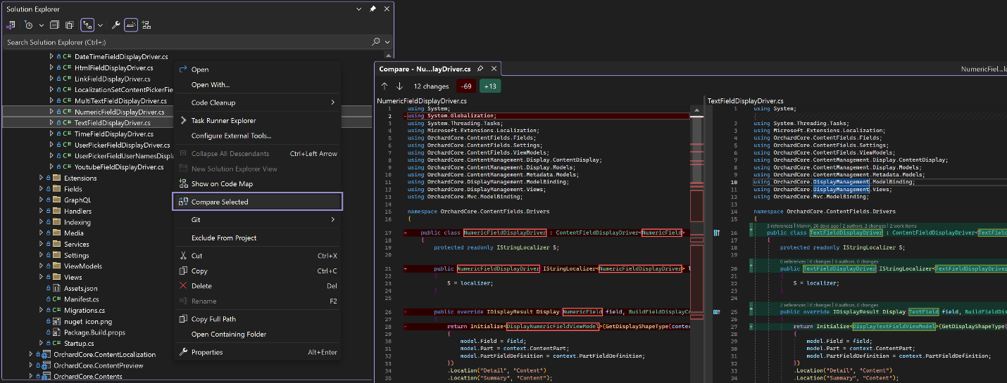 Visual Studio screenshot with two files selected and the "Compare Selected" selected. Then a screenshot of the compare of the two files. 