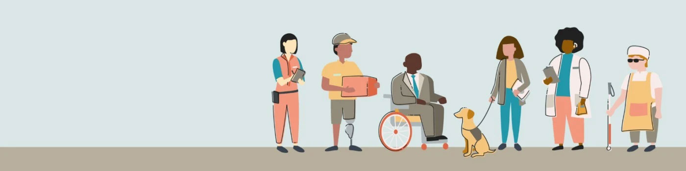 Illustration of people with various disabilities standing on a road
