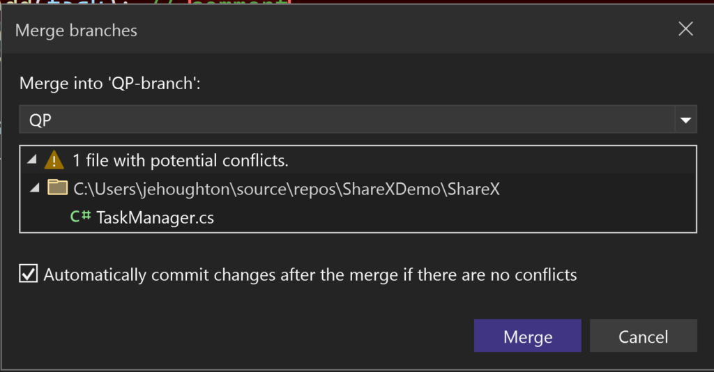 Merge conflict warning