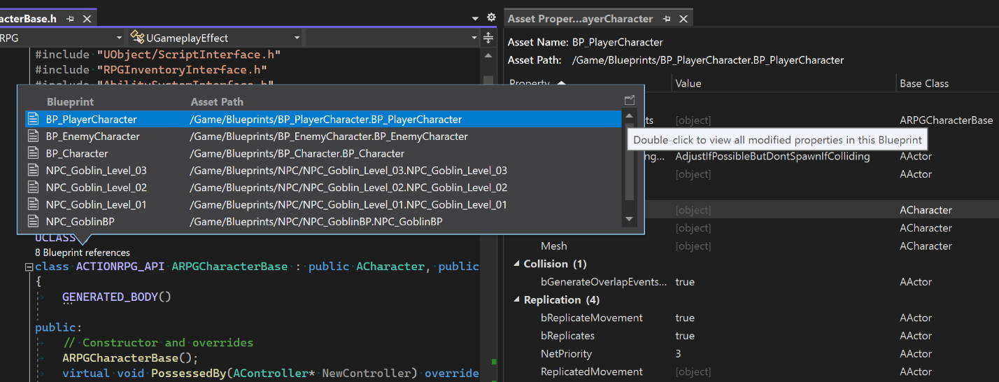 A screenshot of UE Blueprint references in Visual Studio. 