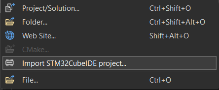 File menu entry for Import STM32CubeIDE project option