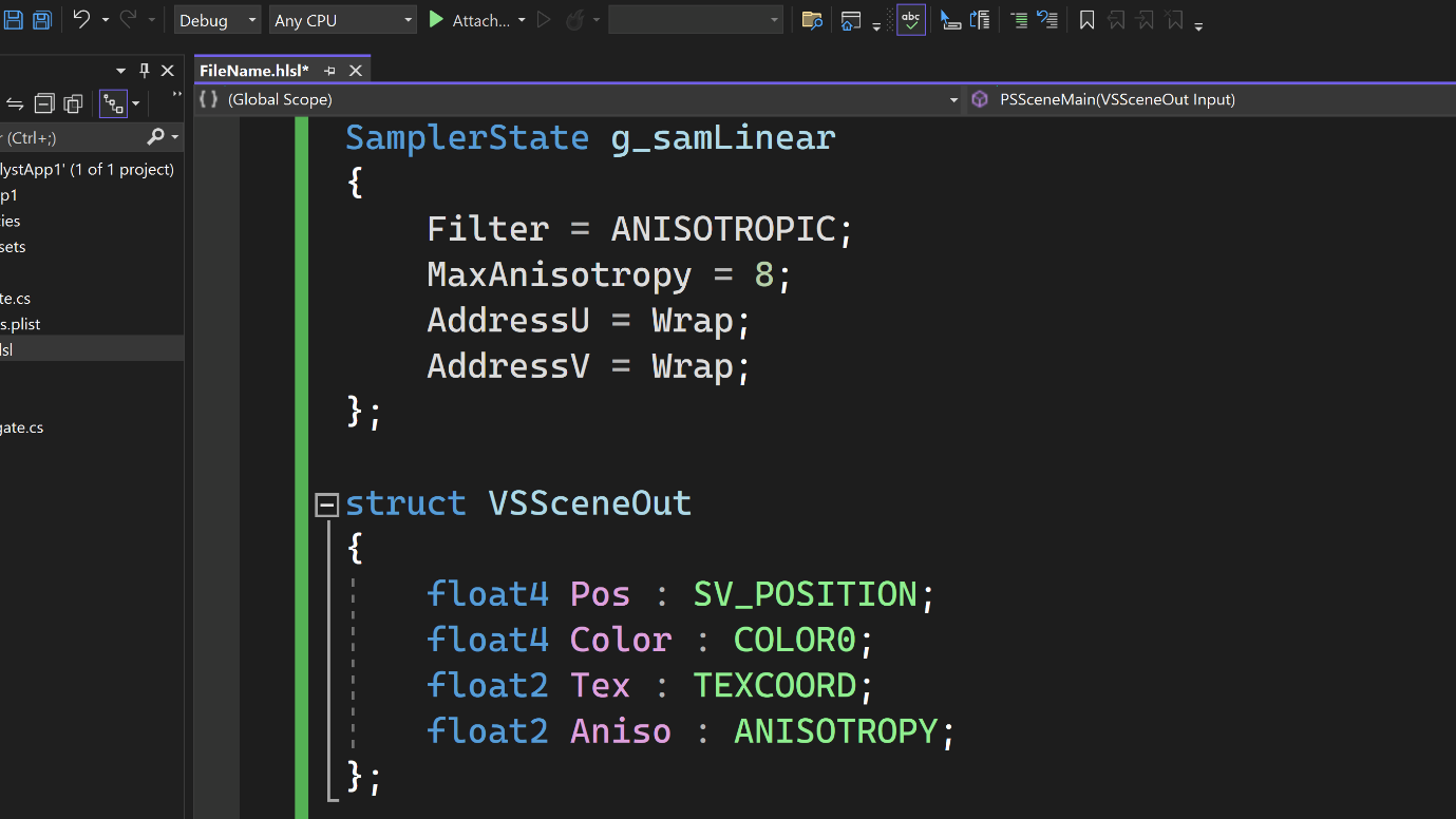 HLSL editor showcasing syntax highlighting