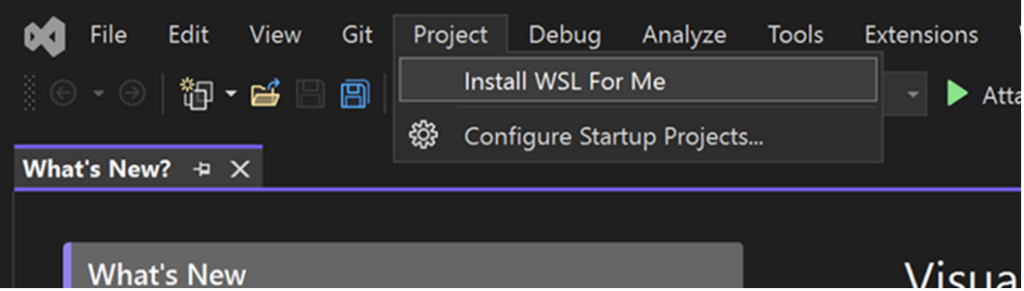 The Project dropdown in Visual Studio shows the option to Install WSL for me.