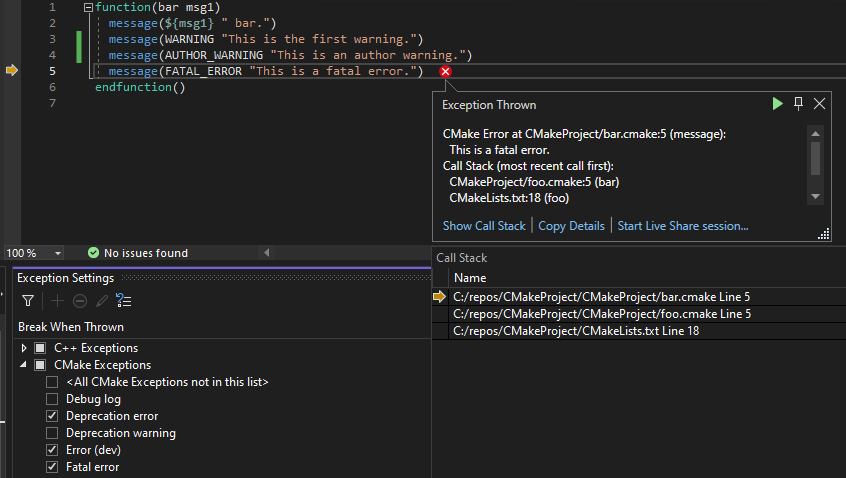 Screenshot of Visual Studio in a debugging session showing an exception dialog that originated from a CMake script 
