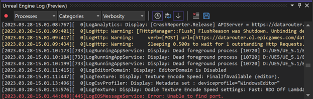 Unreal Engine Log tool window in Visual Studio showing several lines of logs outputted by an Unreal Engine game