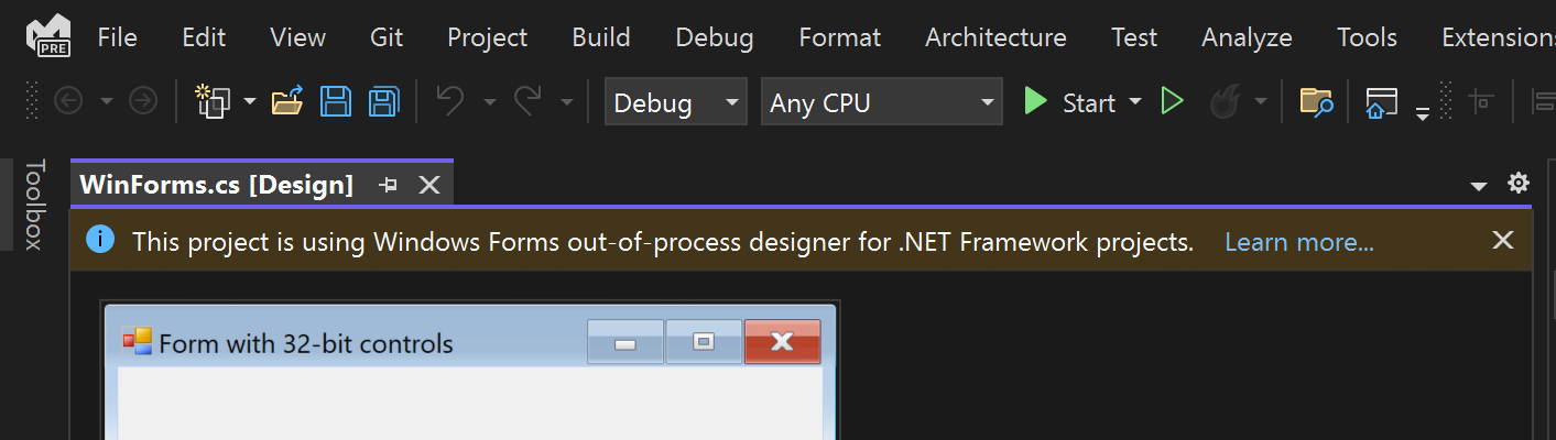 Image of a Windows Form contained in a 32-bit .NET Framework project. The Form is utilizing Windows Forms out-of-process designer. 