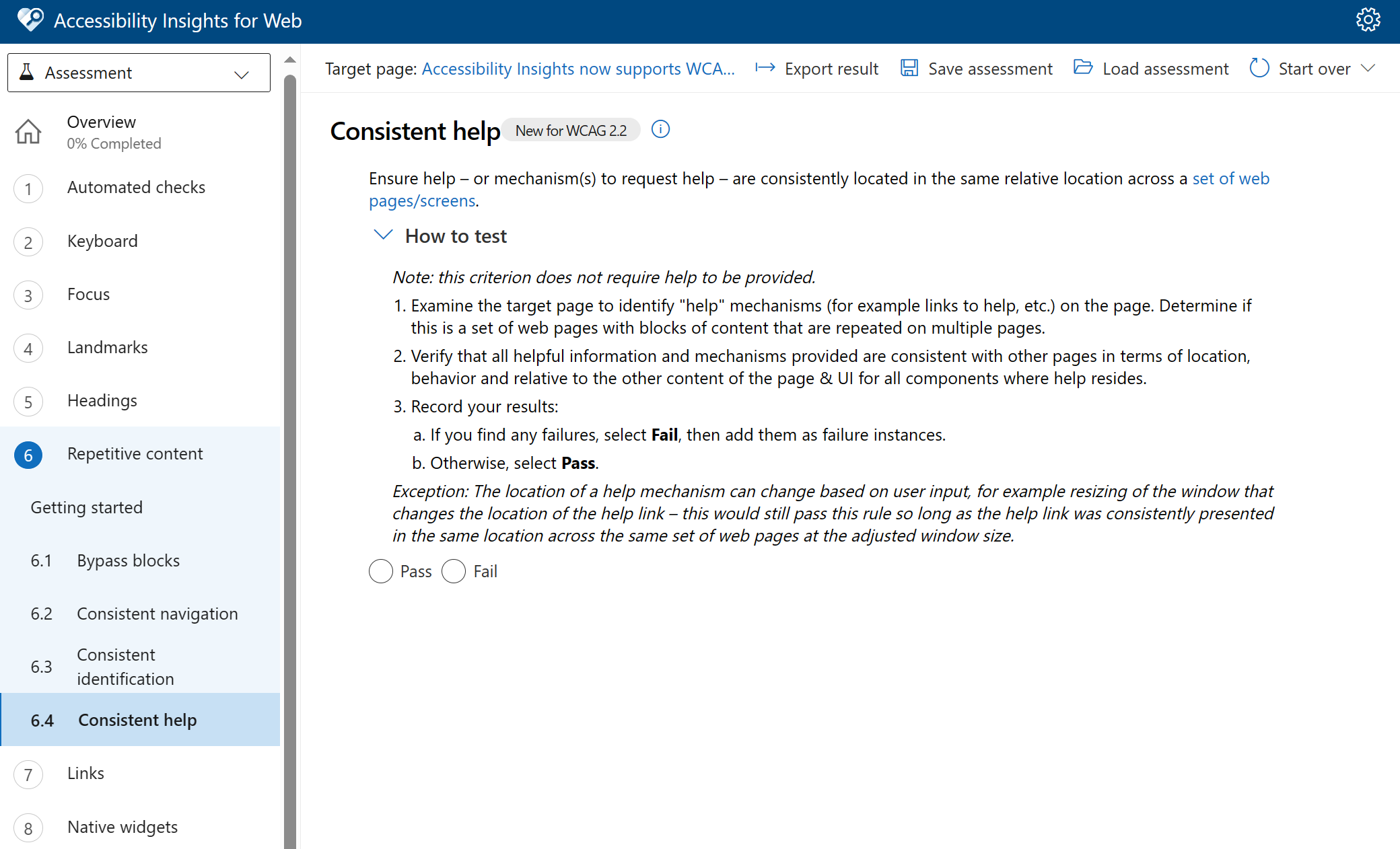 screenshot showing consistent help success criteria from WCAG AA in Accessibility insights testing 