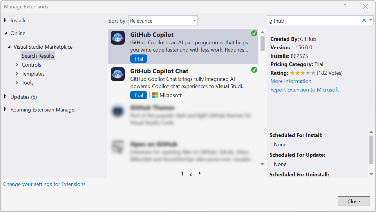 Installing the GitHub Copilot Extension in Visual Studio.