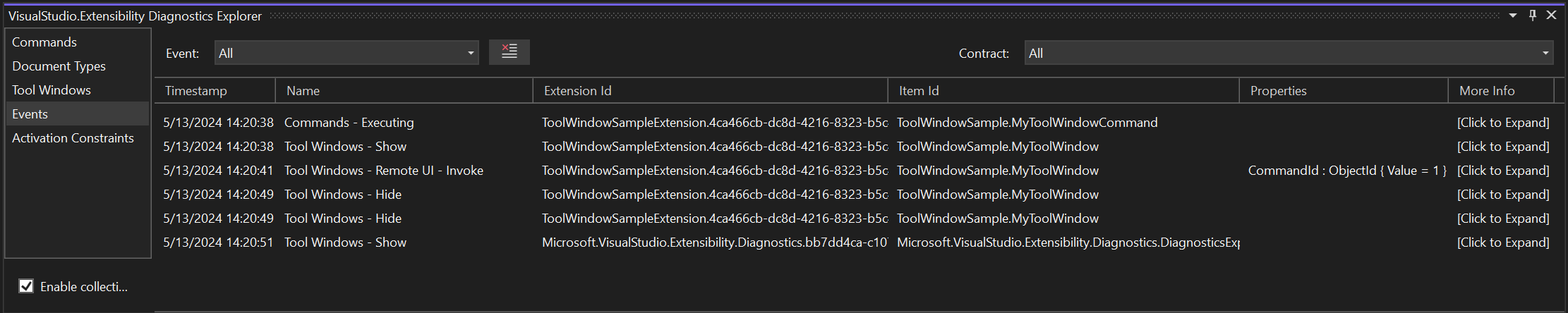 A screenshot of the Events tab of the VisualStudio.Extensibility Diagnostics Explorer, which shows several events related to executing a command and hiding/showing tool windows.