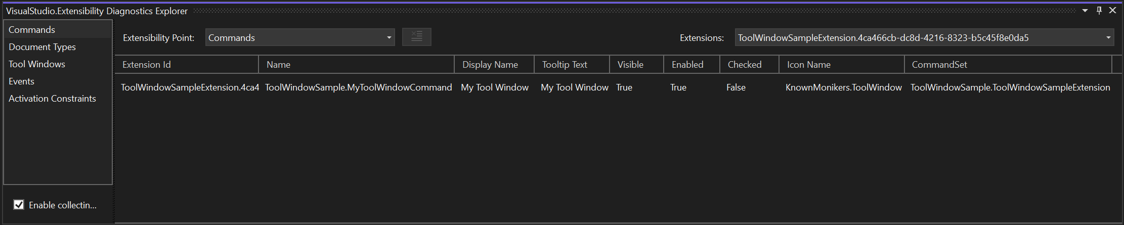 A screenshot of the Commands tab of the VisualStudio.Extensibility Diagnostics Explorer. It shows one command associated with the ToolWindowSampleExtension, along with the metadata for that command.