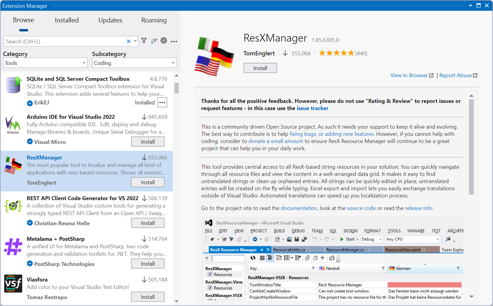 A screenshot of the new Extension Manager in Visual Studio opened to the Browse tab.