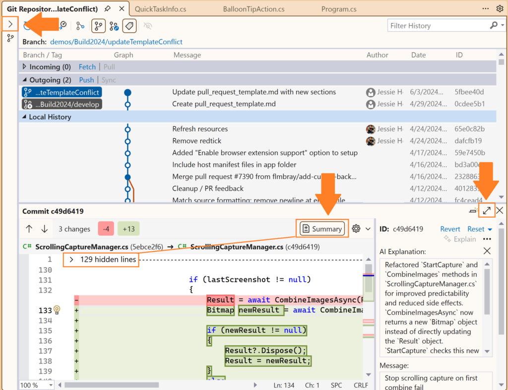 Explain commit in the Git respository window with arrows highlighting the expand buttons and summary diff