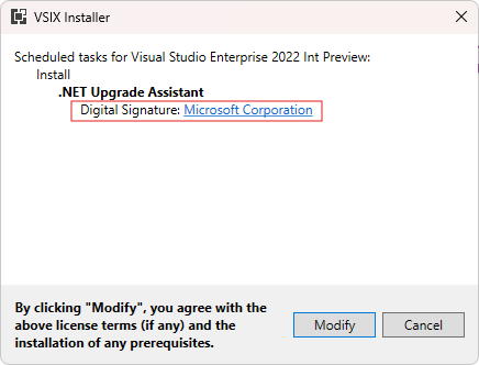 Screenshot of the VSIX Installer with the digital signature highlighted.