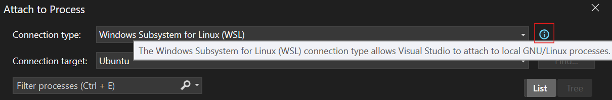 Image demonstrating that hovering over the information icon next to the Connection Type combo box will show the connection information on a tooltip.