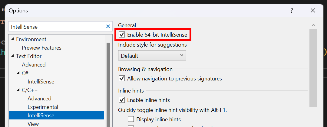 Enable 64-bit IntelliSense is activated.