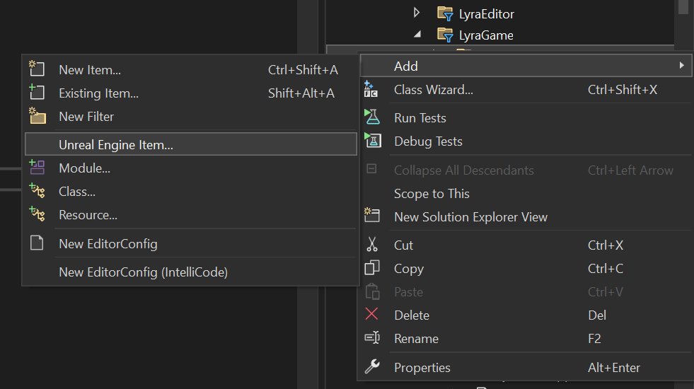 right-click on your project in Solution Explorer and select Add - Unreal Engine Item