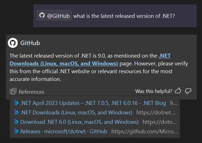 GitHub Copilot Enterprise users in Visual Studio can now use @GitHub to get answers enriched with context from their entire repository and Bing search results.