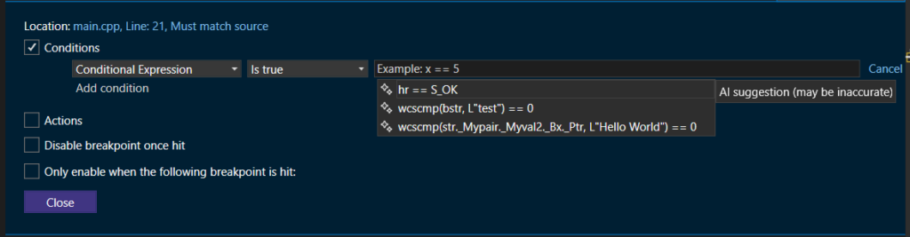 C++ Debugging with AI-Generated breakpoint expressions