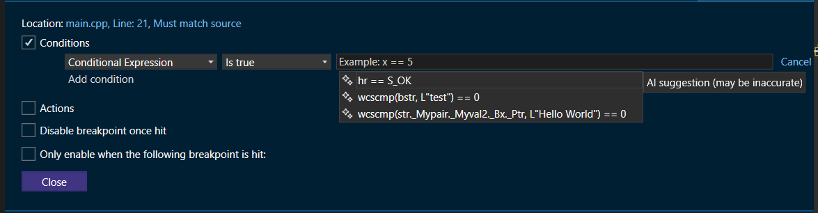 Image of a conditional expression being set on the breakpoint