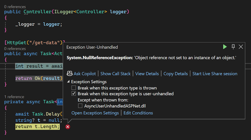 Image of Exception User-Unhandled screen with the "Break when this exception type is user-unhandled" option checked