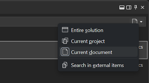 Zoomed in image of the search scoping options (Entire solution, Current project, Current document, Search in external items)