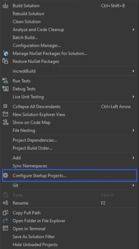 Image of Solution explorer with Configure Startup Projects highlighted