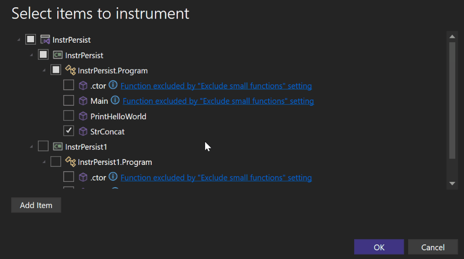 Image showing items to instrument in Visual Studio