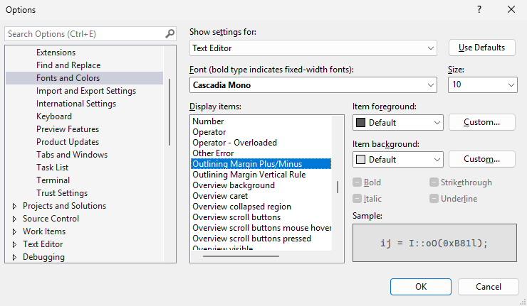 Plus/minus symbol colors in Tools/Options dialog