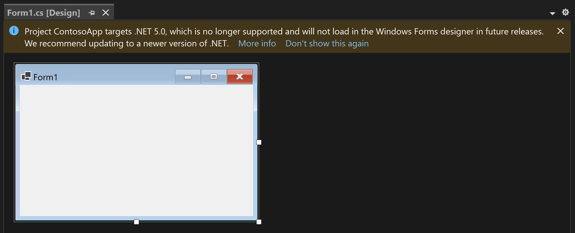 Screenshot of Windows Forms .NET Designer displaying the new InfoBar. 