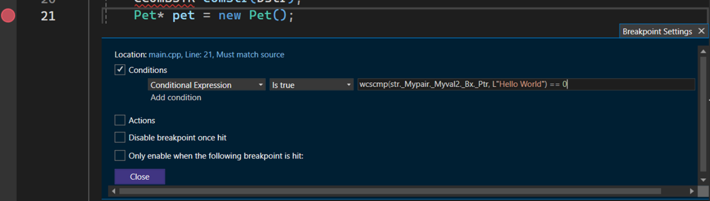 Image showing a conditional breakpoint