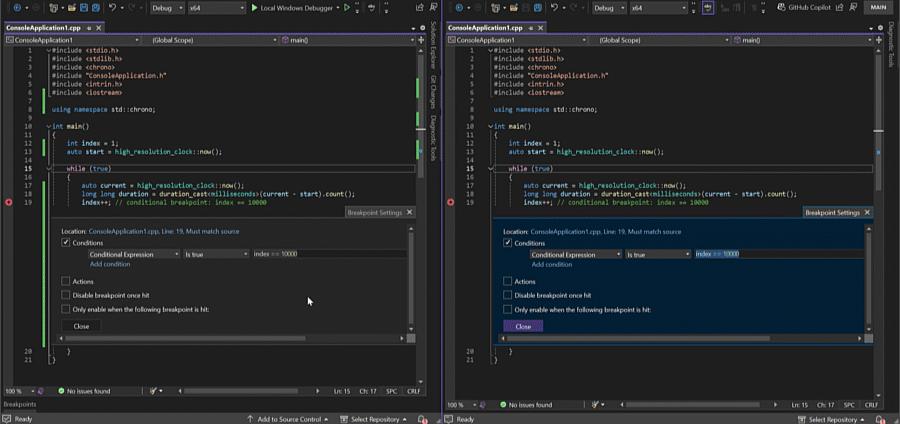 Gif showing a sidexside comparison of conditional break points in 17.9 vs 17.11