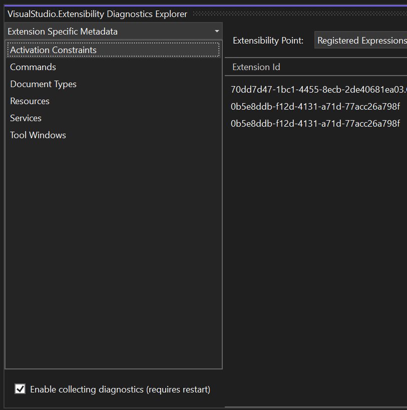 A screenshot of extension specific diagnostics pages