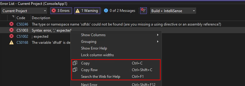 Context menu highlights options Copy, Copy Row, and Search the Web for Help