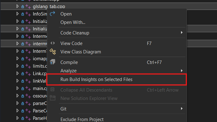 Run Build Insights on File Selection File Selection Command in contextual menu of selected files.