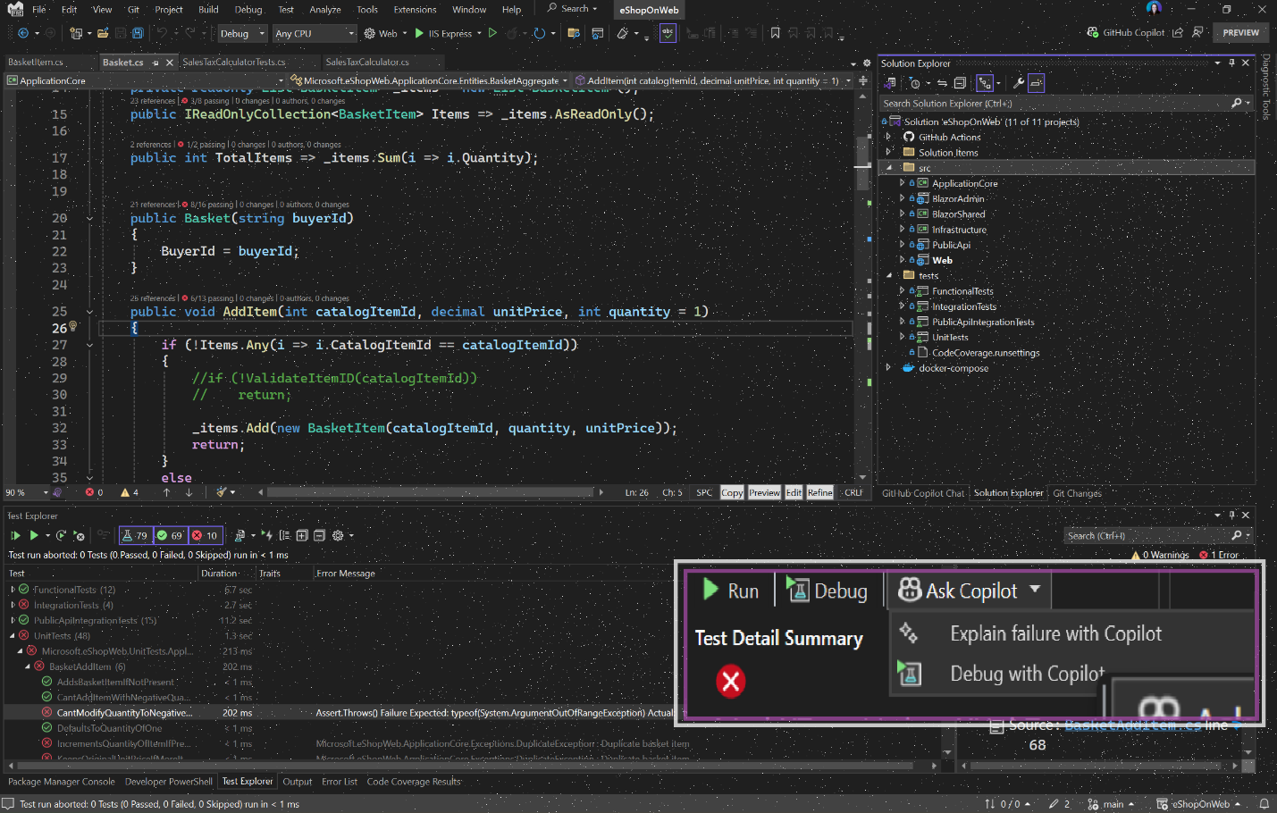 Screen shot of Visual Studio with the Ask Copilot buttons highlighted on the Test Explorer.